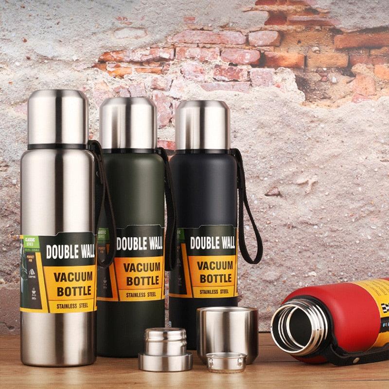 3-pack stainless steel vacuum bottles with straps in silver and olive green on Tampa Home & Garden Store