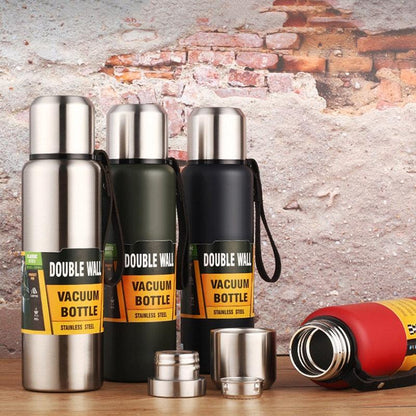 3-pack stainless steel vacuum bottles with straps in silver and olive green on Tampa Home & Garden Store