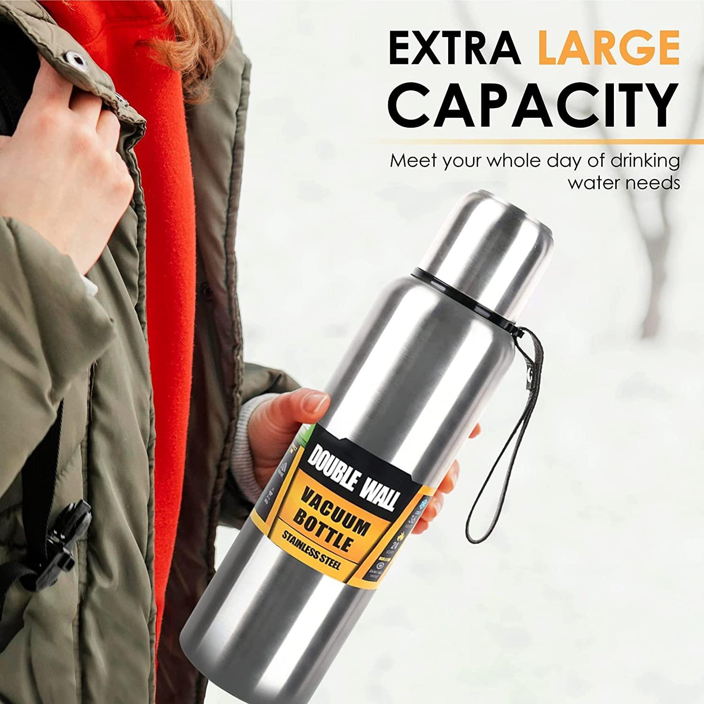 1500ml stainless steel vacuum bottle Stevvex silver with strap on Tampa Home & Garden Store