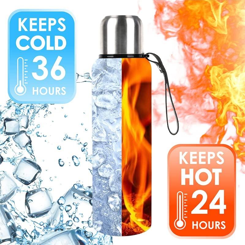 Stevvex 1500ml stainless water bottle with wide mouth and black strap hot/cold icons on Tampa Home & Garden Store