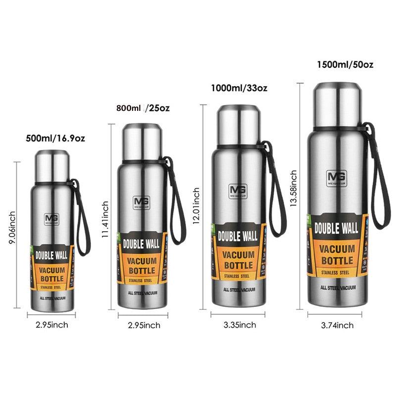 Four Stevvex stainless steel vacuum bottles with straps in 500ml, 800ml, 1000ml and 1500ml on Tampa Home & Garden Store