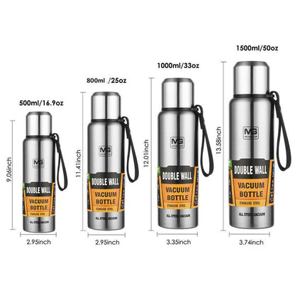 Four Stevvex stainless steel vacuum bottles with straps in 500ml, 800ml, 1000ml and 1500ml on Tampa Home & Garden Store