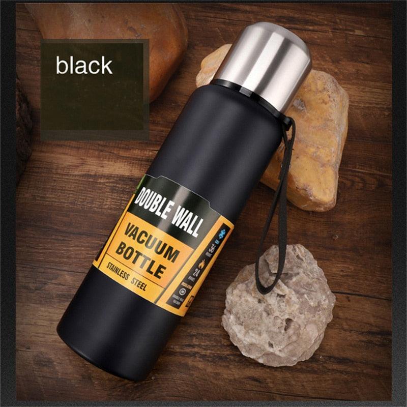 Stevvex 1500ml black stainless steel vacuum bottle with wide mouth strap on Tampa Home & Garden Store