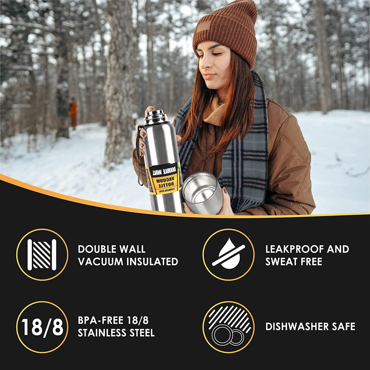 1500ml stainless steel water bottle with wide mouth held by woman in winter outdoors on Tampa Home and Garden Store