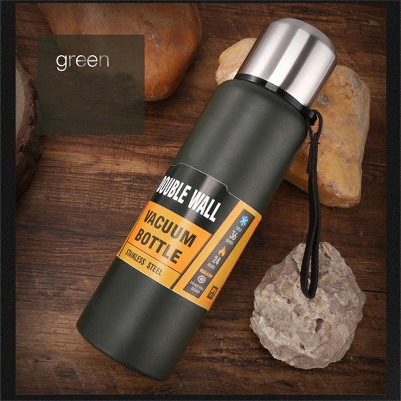 Stevvex 1500ml vacuum bottle stainless steel thermos, wide mouth, green finish with strap on Tampa Home & Garden Store