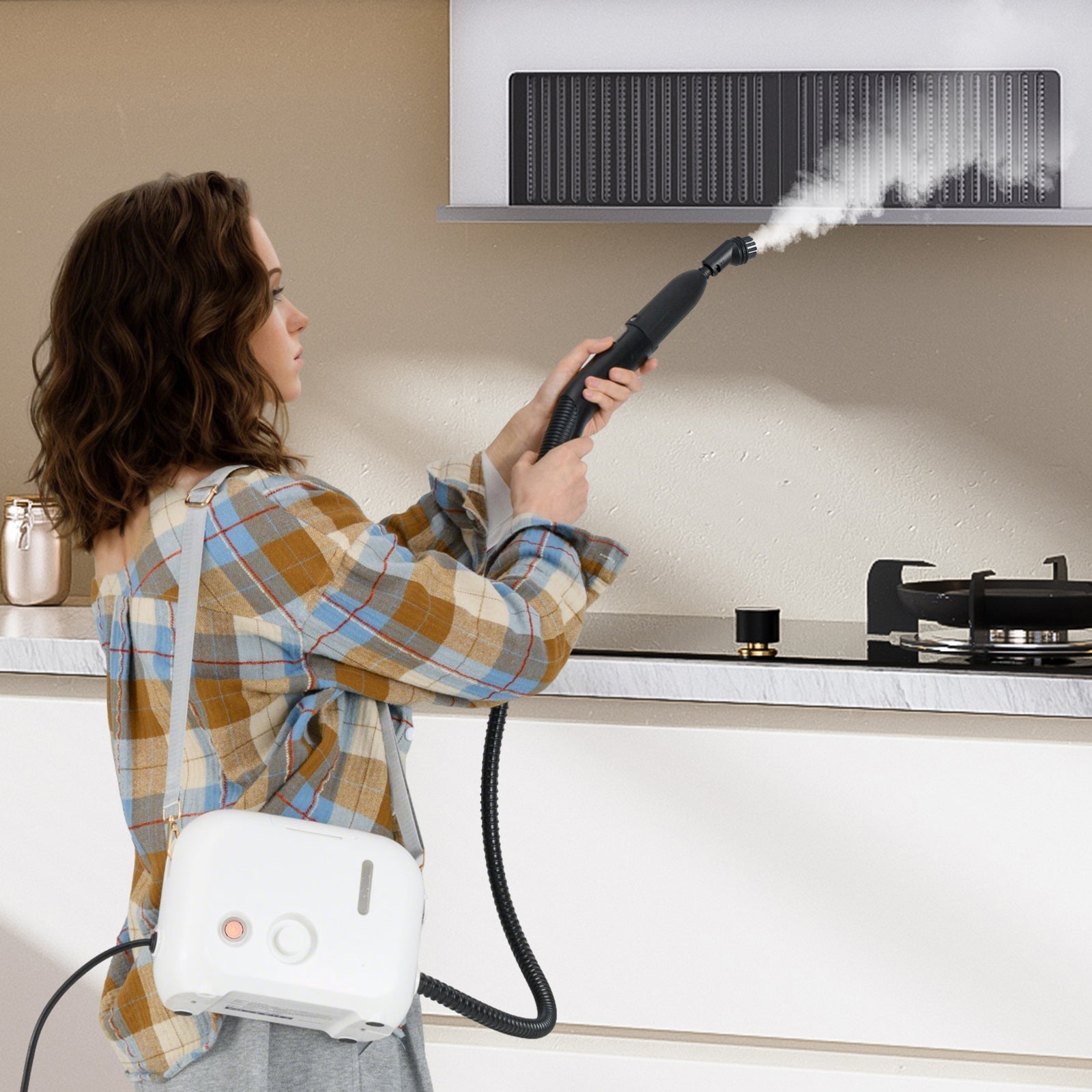 1500W portable steam cleaner with 34 oz water tank, white, used to clean a kitchen hood on Tampa Home & Garden Store