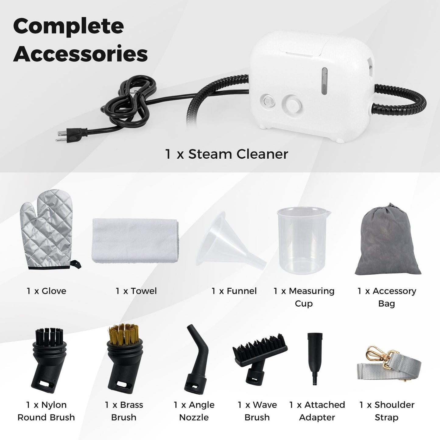 White 1500W portable steam cleaner with 34 oz water tank and coiled hose on Tampa Home & Garden Store