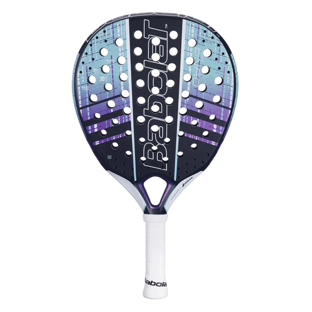 Babolat Dyna Spirit Padel Racket with black base, purple-teal graphic, white grip on Tampa Home & Garden Store