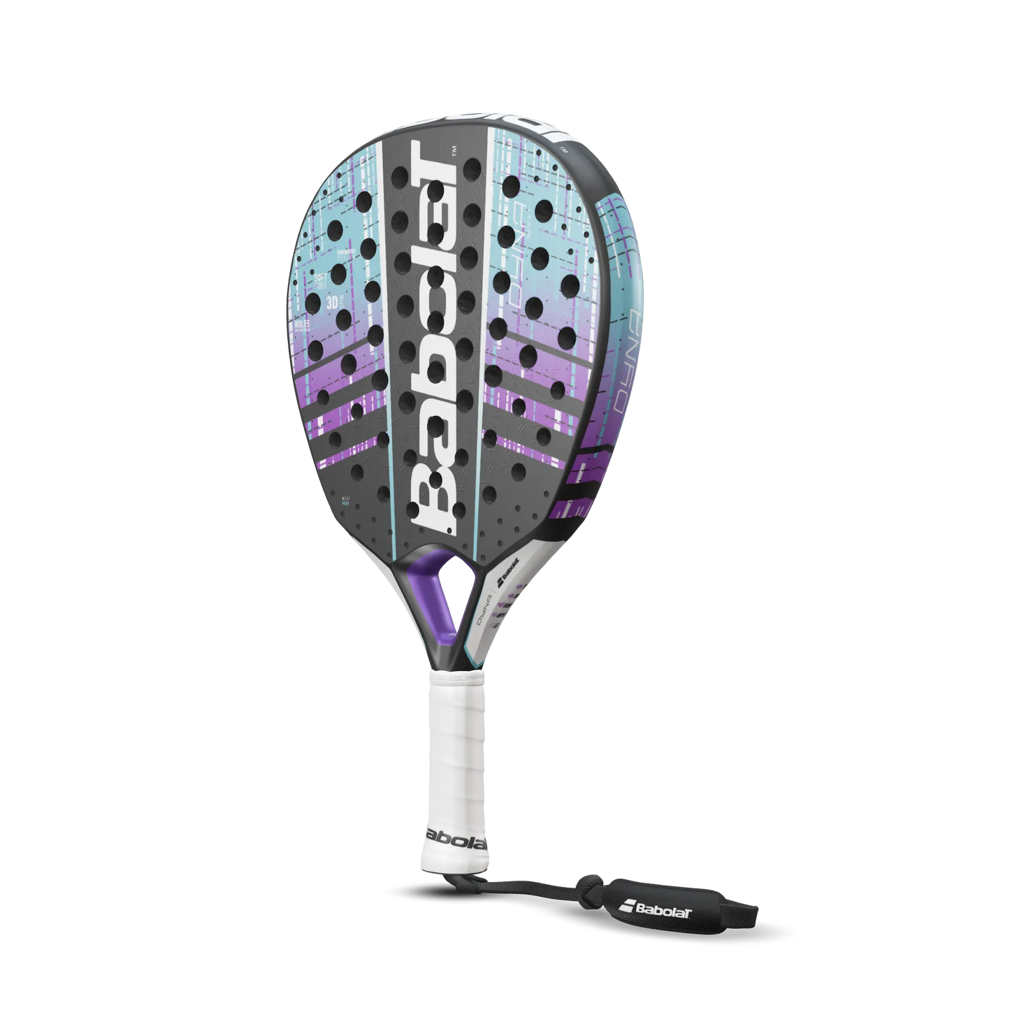 Padel racket Babolat Dyna Spirit with purple-teal gradient, perforated face, white grip on Tampa Home & Garden Store