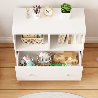 White toy storage organizer with drawer and low bookshelf; plant and baskets with books on Tampa Home & Garden Store