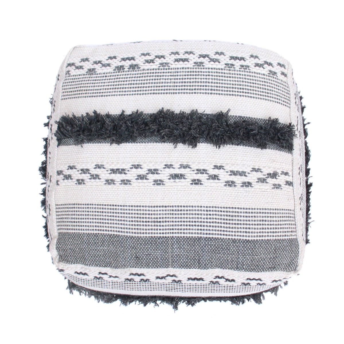 Ivory gray striped faux yarn pouf with fringe and polystyrene bead fill by HouseOfZazla on Tampa Home & Garden Store