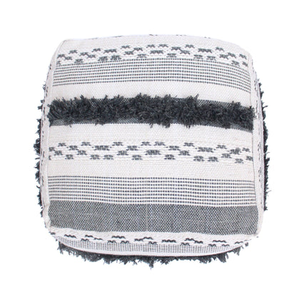 Ivory gray striped faux yarn pouf with fringe and polystyrene bead fill by HouseOfZazla on Tampa Home & Garden Store