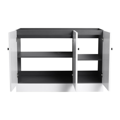 HouseOfZazla freestanding bathroom vanity, white doors with gray interior shelves on Tampa Home & Garden Store