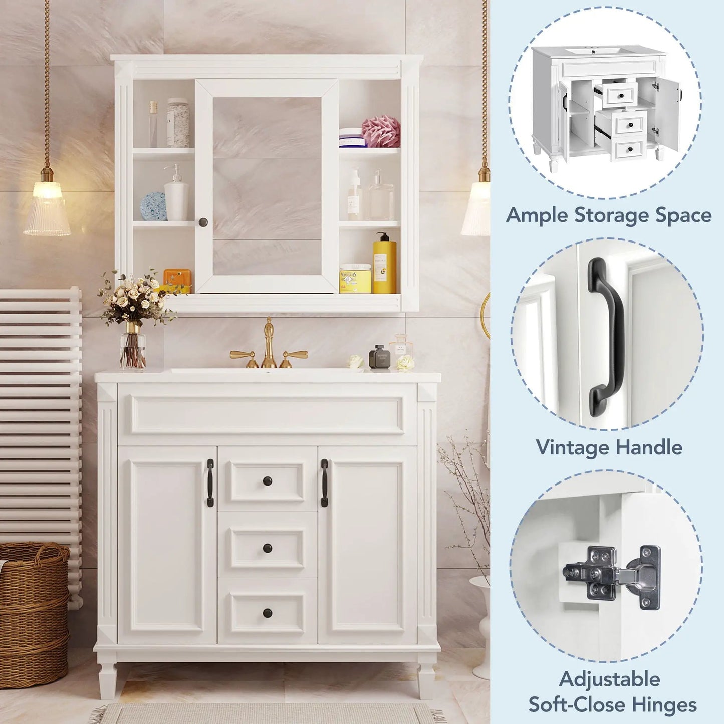 Bathroom vanity with sink and mirror cabinet, white finish, 2 soft-closing doors and 2 drawers on Tampa Home & Garden Store