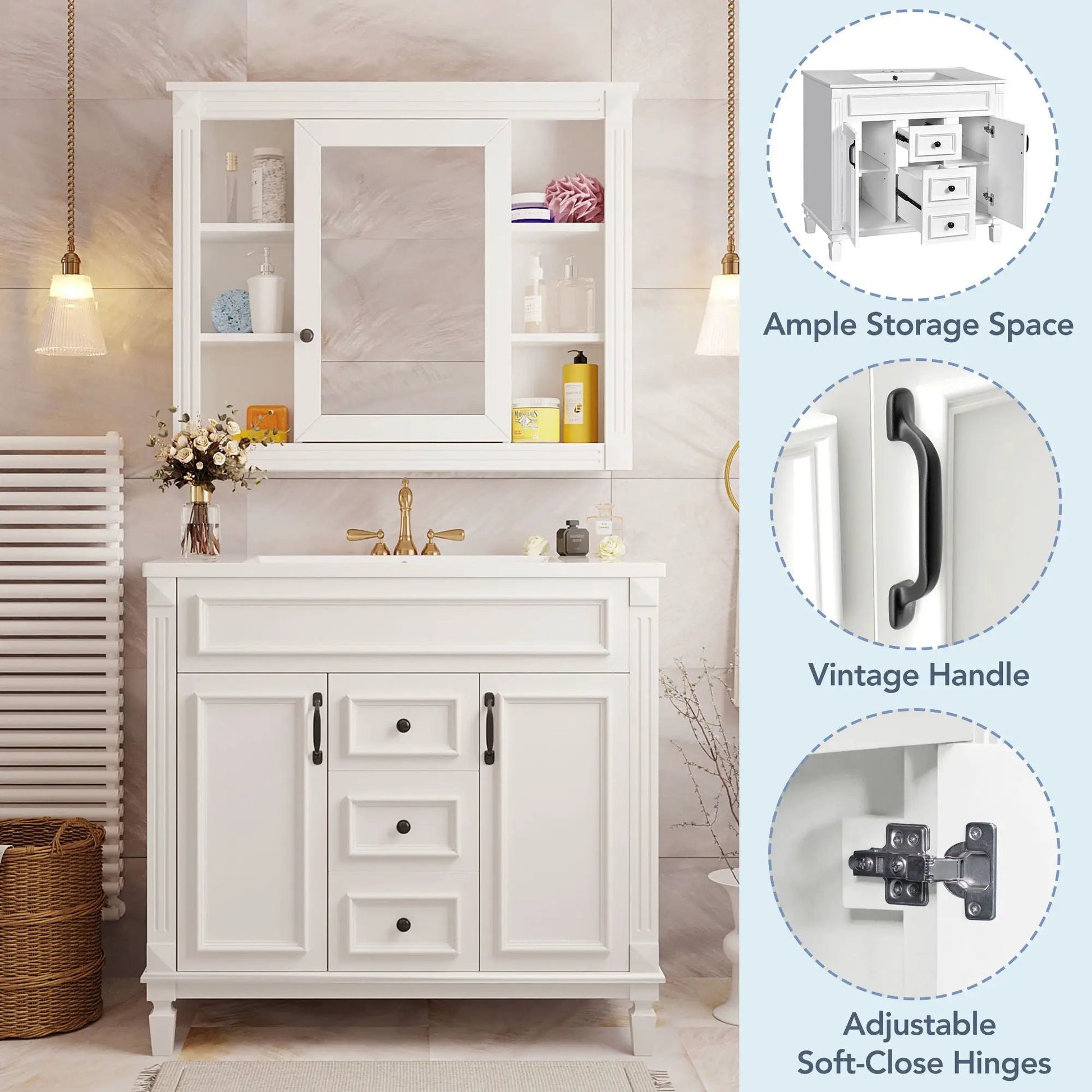Bathroom vanity with sink and mirror cabinet, white finish, 2 soft-closing doors and 2 drawers on Tampa Home & Garden Store