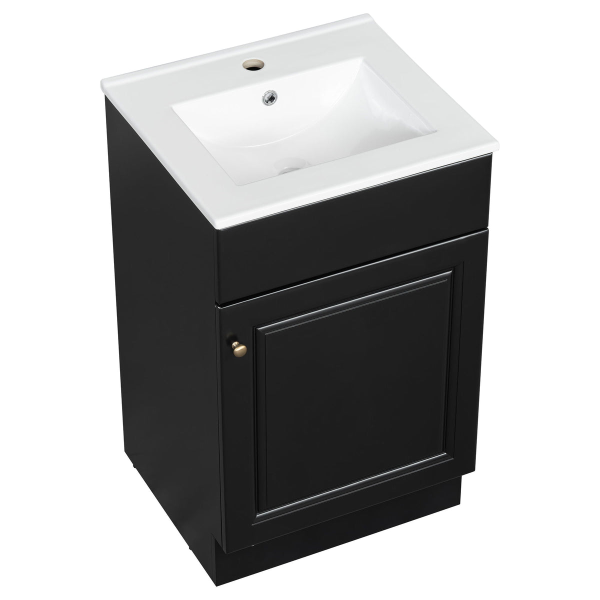 Bathroom vanity with white sink atop a black cabinet featuring brass knobs on Tampa Home & Garden Store