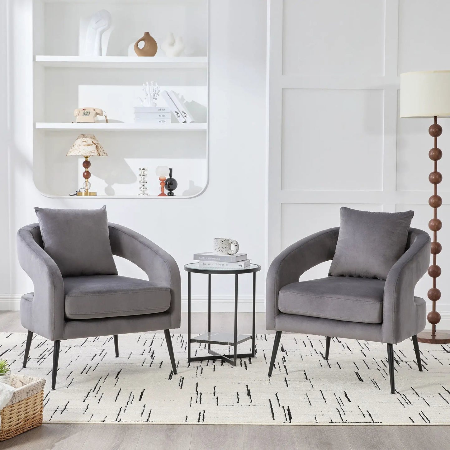 Open Back Accent Chairs (2) in grey velvet with rounded seats and black metal legs on Tampa Home & Garden Store
