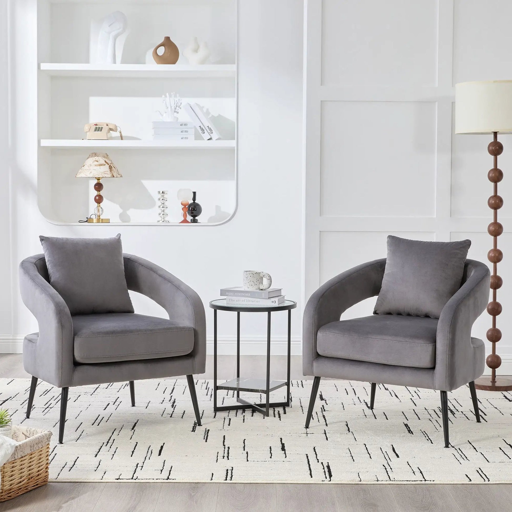 Open Back Accent Chairs (2) in grey velvet with rounded seats and black metal legs on Tampa Home & Garden Store