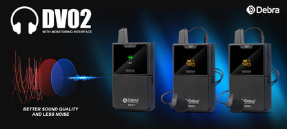 Debra DV02 wireless mic system with monitor interface, black transmitters with lavalier mics on Tampa Home & Garden Store