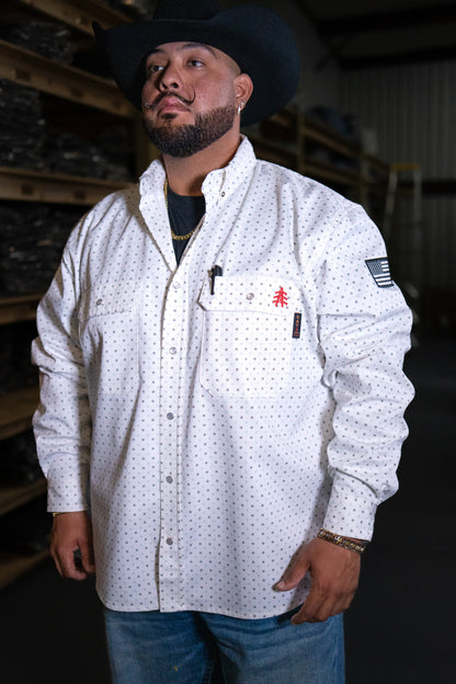 Static FR Pearl Snap Work Shirt Phantom White with U.S. Flag sleeve patch, white dotted pattern on Tampa Home & Garden Store