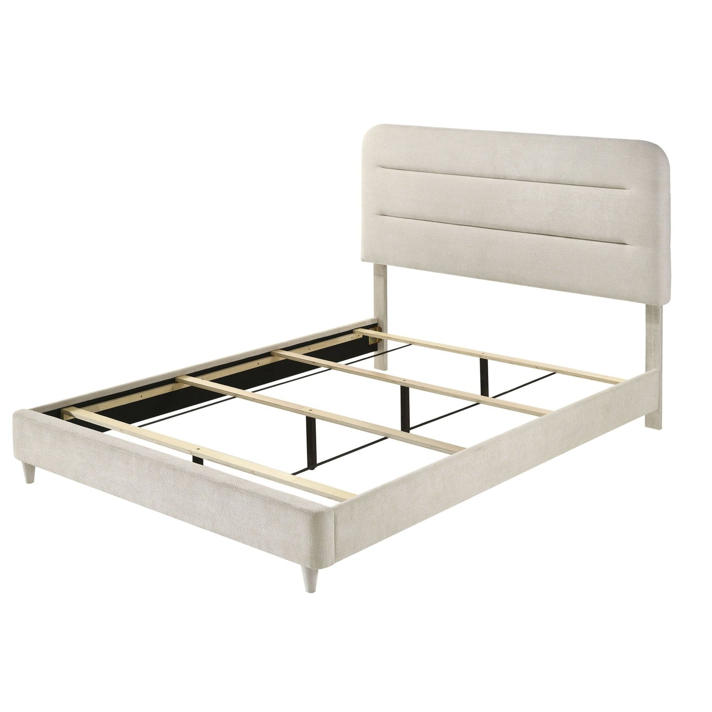 Upholstered Panel Bed Sleek Lines in beige fabric with a slim headboard and metal frame on Tampa Home & Garden Store