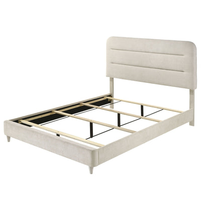 Upholstered Panel Bed Sleek Lines in beige fabric with a slim headboard and metal frame on Tampa Home & Garden Store