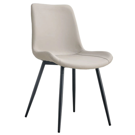 Modern medieval style cushioned chair with beige suede back and black metal legs on Tampa Home & Garden Store