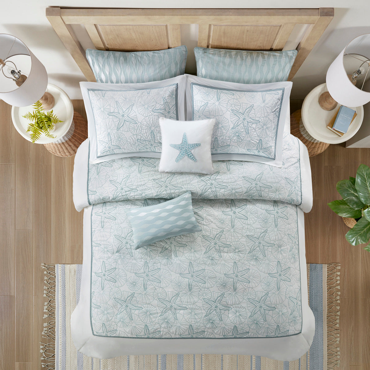 White duvet cover mini set with blue seashell embroidery by HouseOfZazla; includes two shams on Tampa Home & Garden Store
