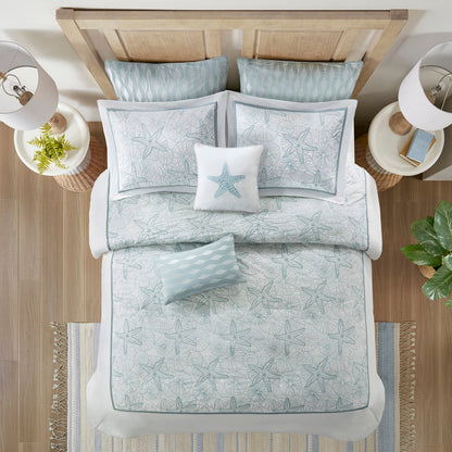 White duvet cover mini set with blue seashell embroidery by HouseOfZazla; includes two shams on Tampa Home & Garden Store