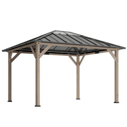 Spacious hardtop gazebo with natural wood frame and gray metal roof by HouseOfZazla on Tampa Home & Garden Store
