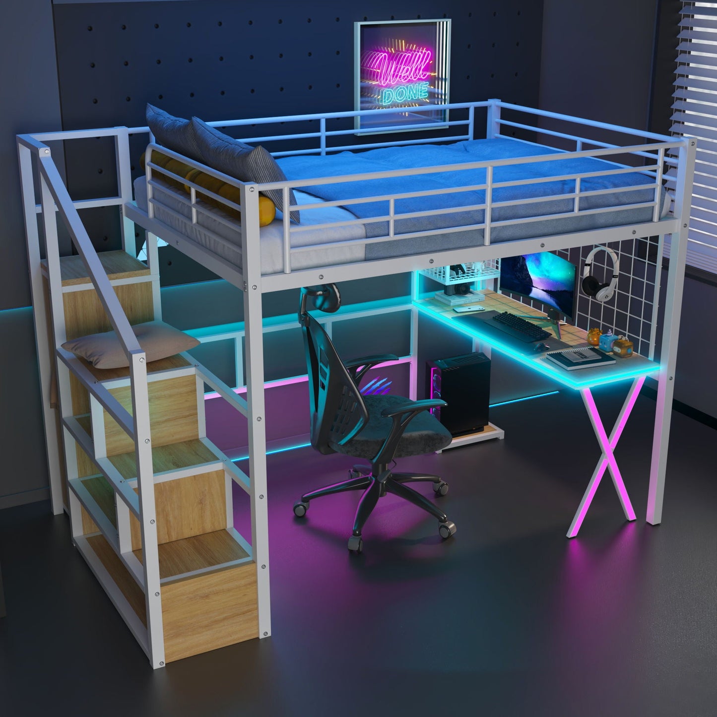 HouseOfZazla loft bed with built-in workstation and storage stairs in white metal frame on Tampa Home & Garden Store