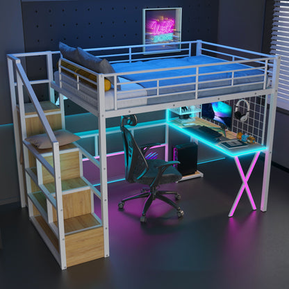 HouseOfZazla loft bed with built-in workstation and storage stairs in white metal frame on Tampa Home & Garden Store