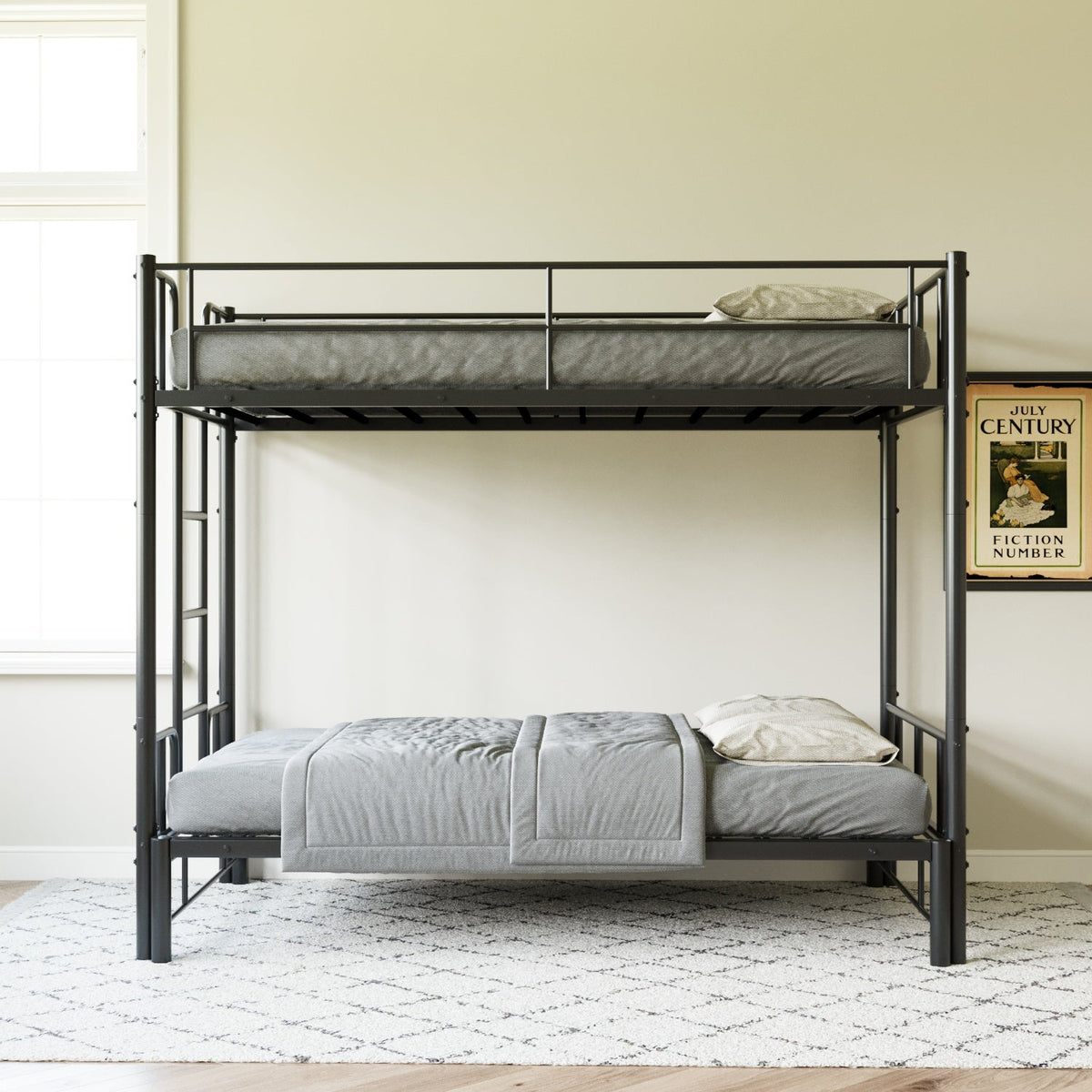 Twin size metal pull-out bunk bed with ladder, gray bedding, HouseOfZazla on Tampa Home & Garden Store