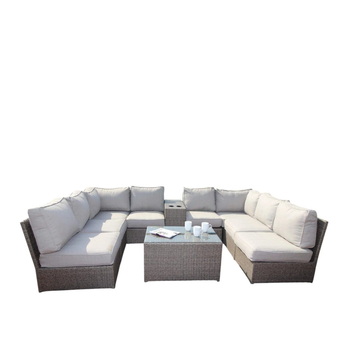 HouseOfZazla modern patio rattan sectional set with cushions, two sofas and glass table on Tampa Home & Garden Store