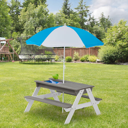 3-In-1 Kids Outdoor Wooden Picnic Table With Umbrella by HouseOfZazla, gray wood with blue/white canopy in yard on Tampa Home & Garden Store