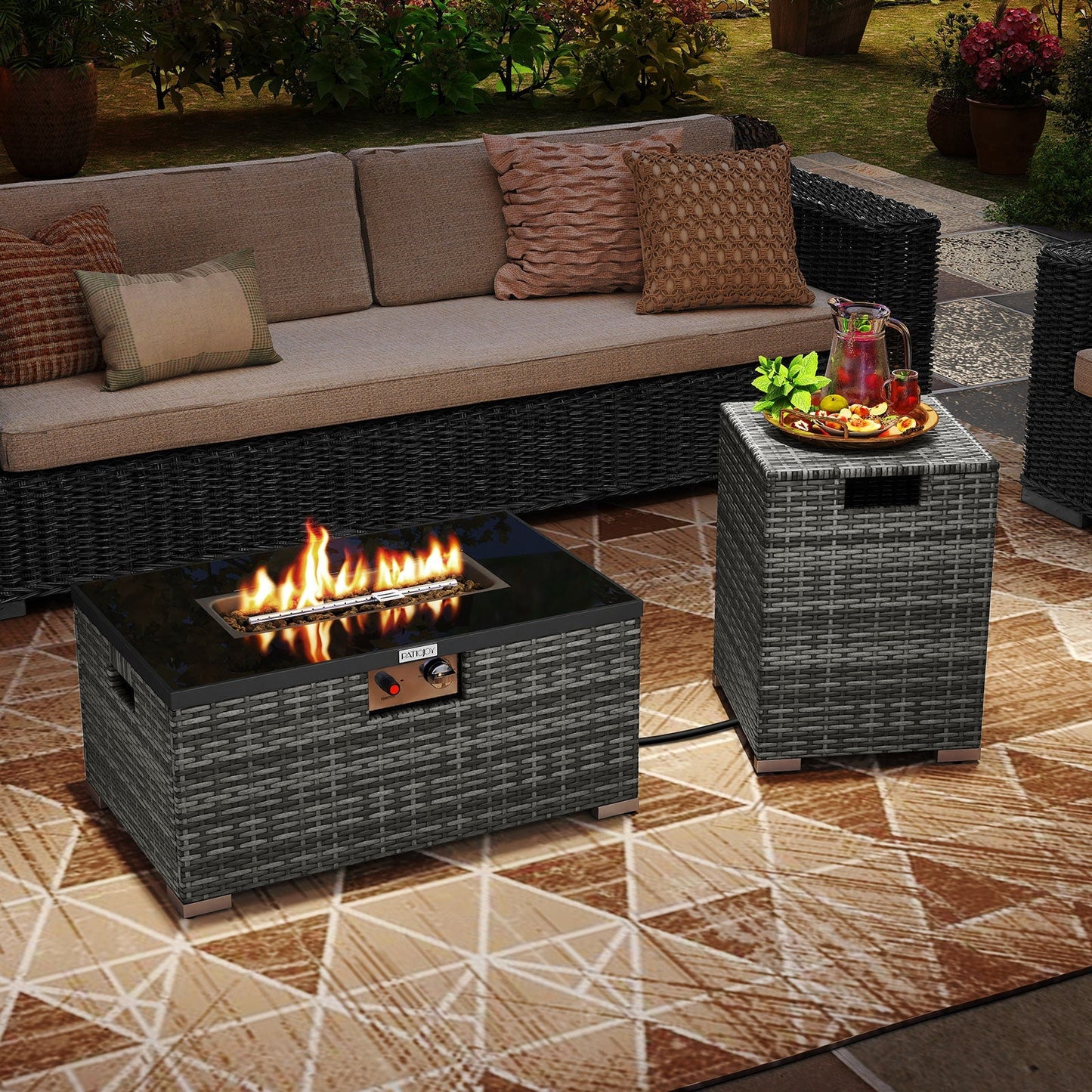 2-Piece Outdoor Rattan Fire Table Set with 32-Inch gas firepit and tank cover in charcoal wicker on Tampa Home & Garden Store