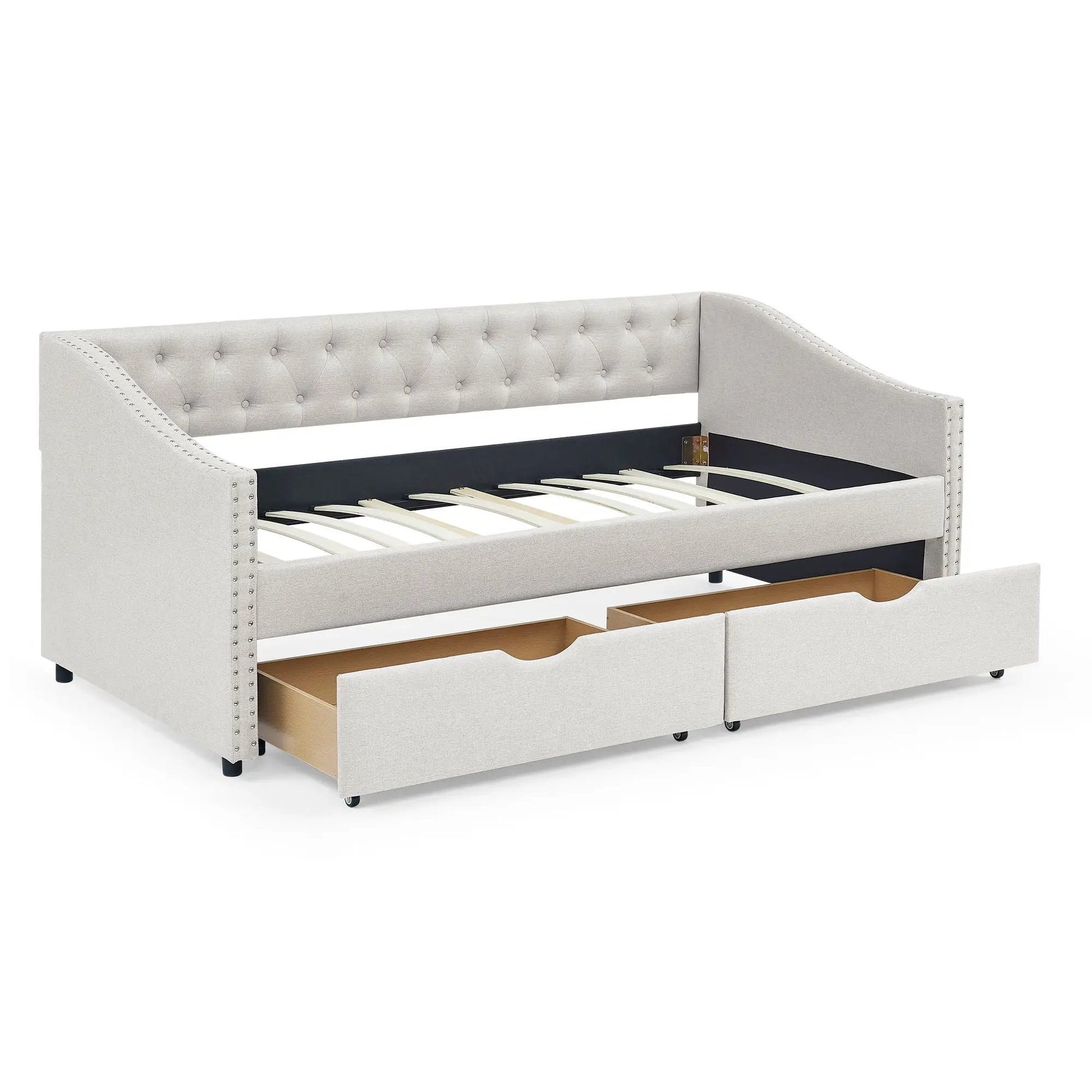 Upholstered tufted daybed with 2 drawers, light gray fabric, waved arms by Unique Piece Furniture on Tampa Home & Garden Store