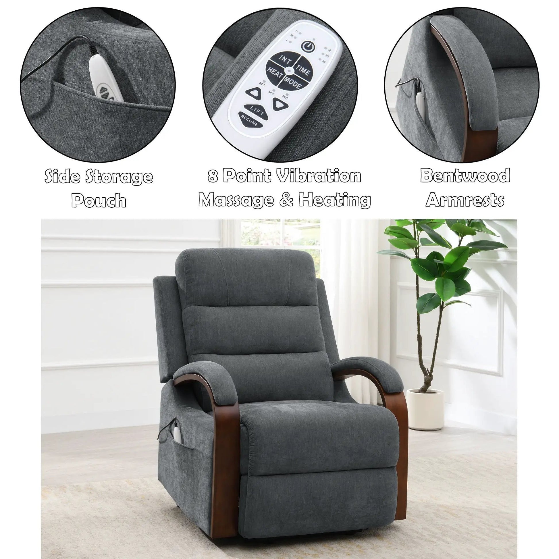 Kayla gray power lift recliner with 8-point massage, heating, bentwood arms, side storage pouch on Tampa Home & Garden Store
