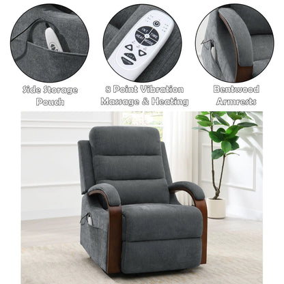 Kayla gray power lift recliner with 8-point massage, heating, bentwood arms, side storage pouch on Tampa Home & Garden Store