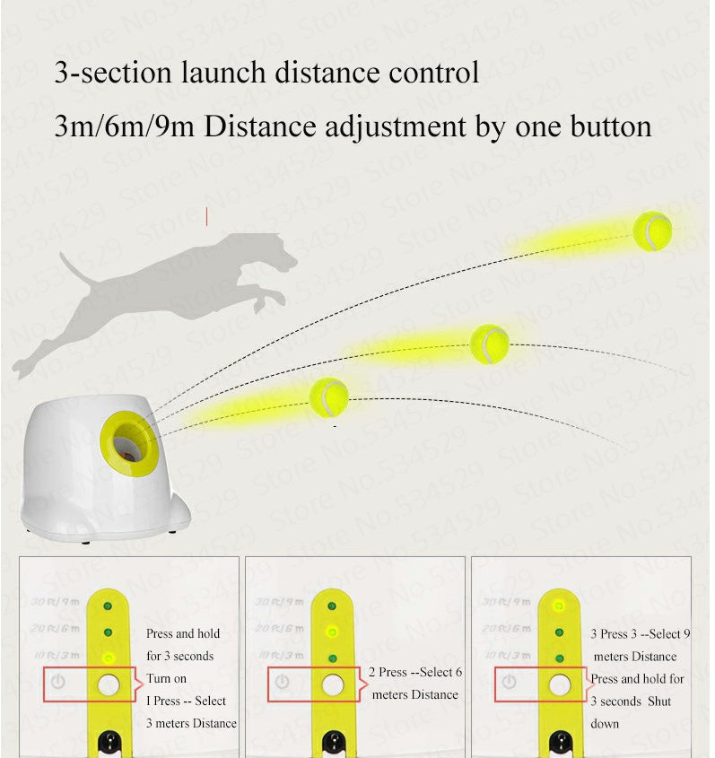 Dog Pet Automatic Interactive Ball Launcher white with neon yellow accents, three balls in flight, 3/6/9m range on Tampa Home & Garden Store