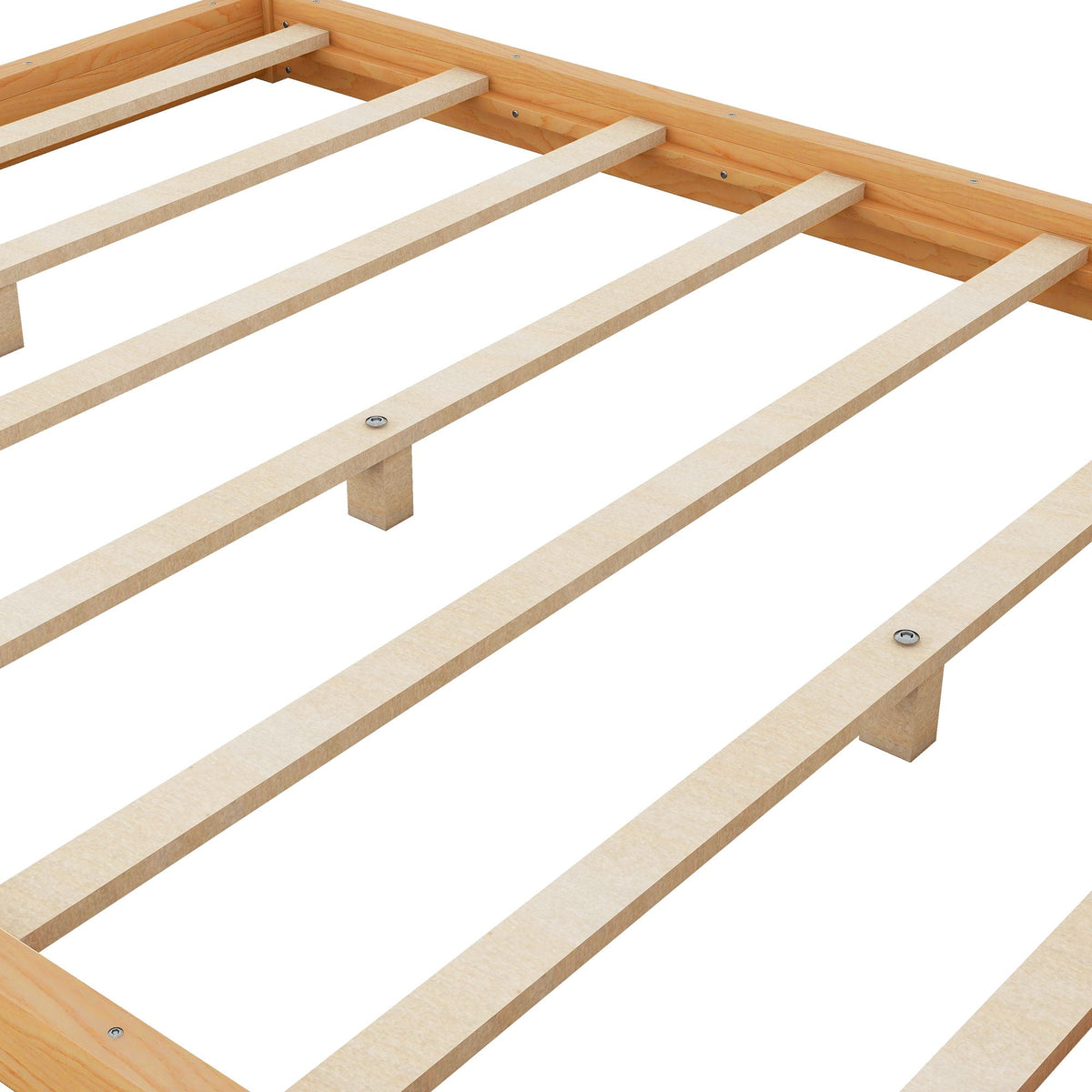 Natural wood canopy platform bed with airflow slats and sturdy support legs, underside view on Tampa Home & Garden Store