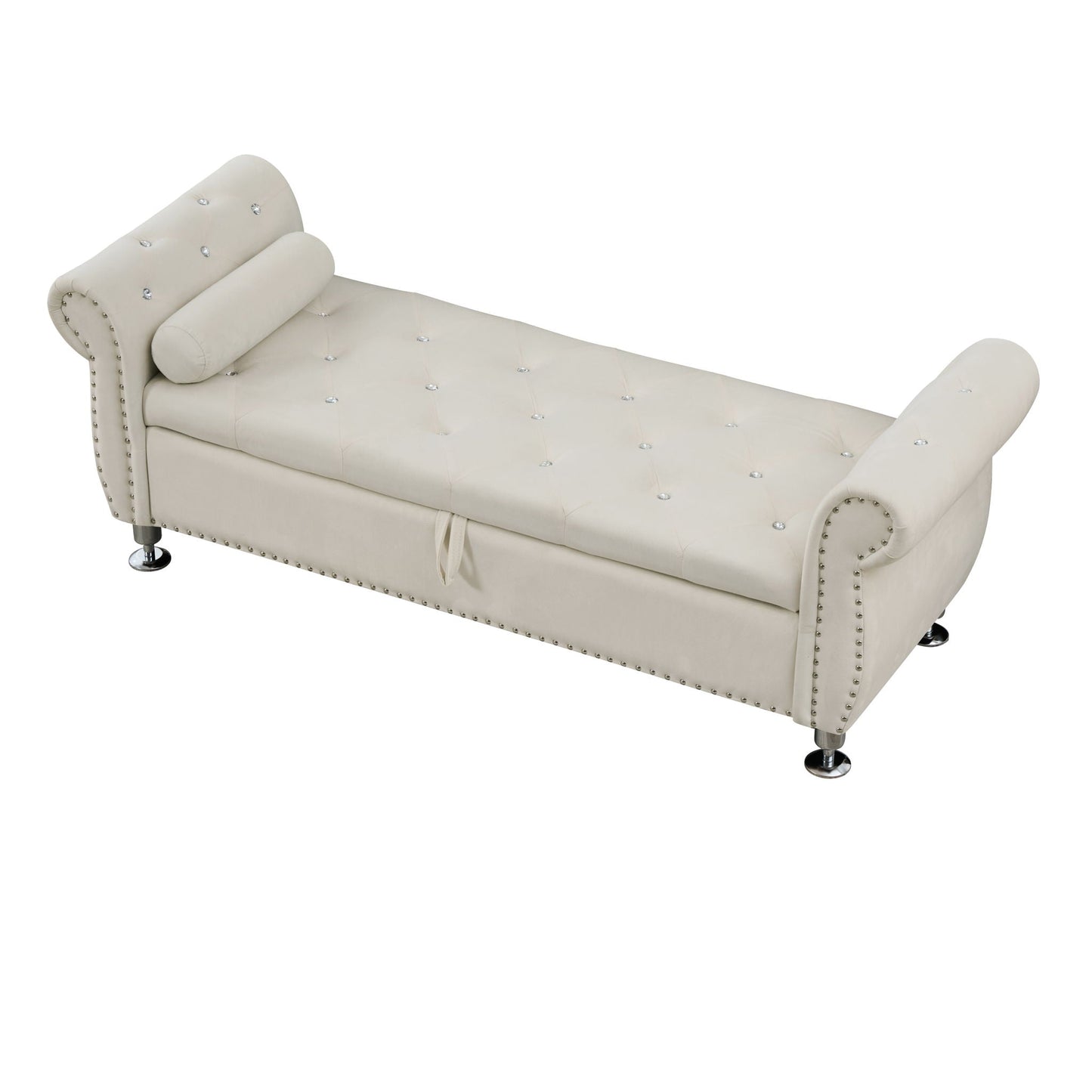 Storage bench cream tufted upholstery with crystal button accents and 1 bolster pillow on Tampa Home & Garden Store