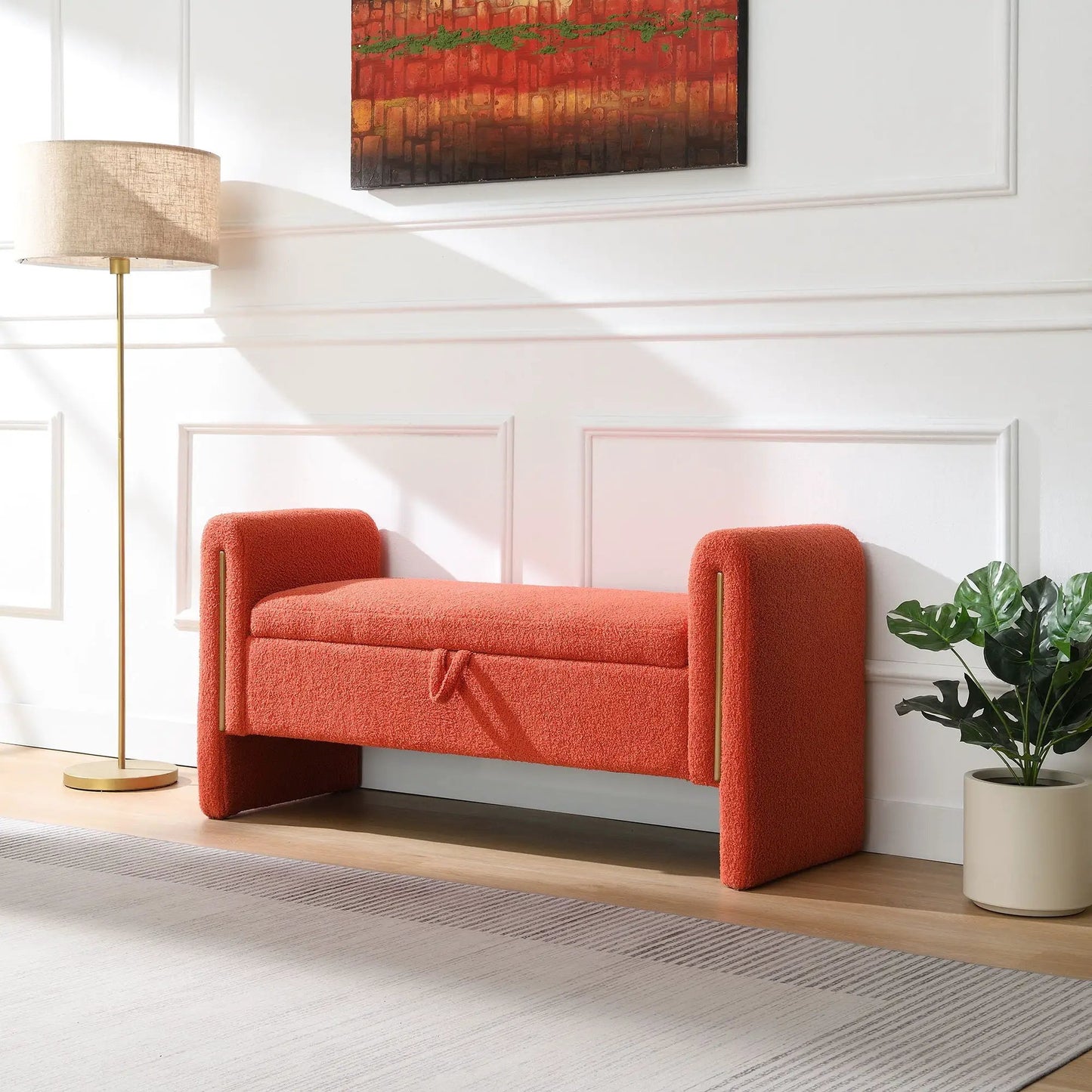 Modern Teddy upholstered bed end bench with arms and storage in orange textured fabric Unique Piece on Tampa Home & Garden Store