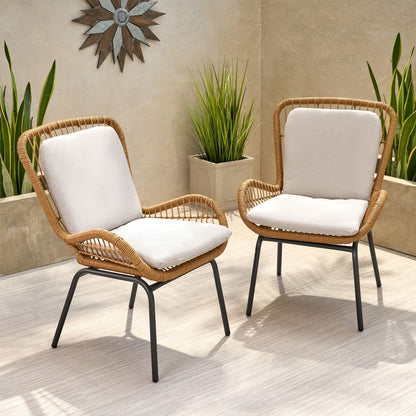 Outdoor wicker club chairs set of 2 with light beige cushions and black metal legs on Tampa Home & Garden Store