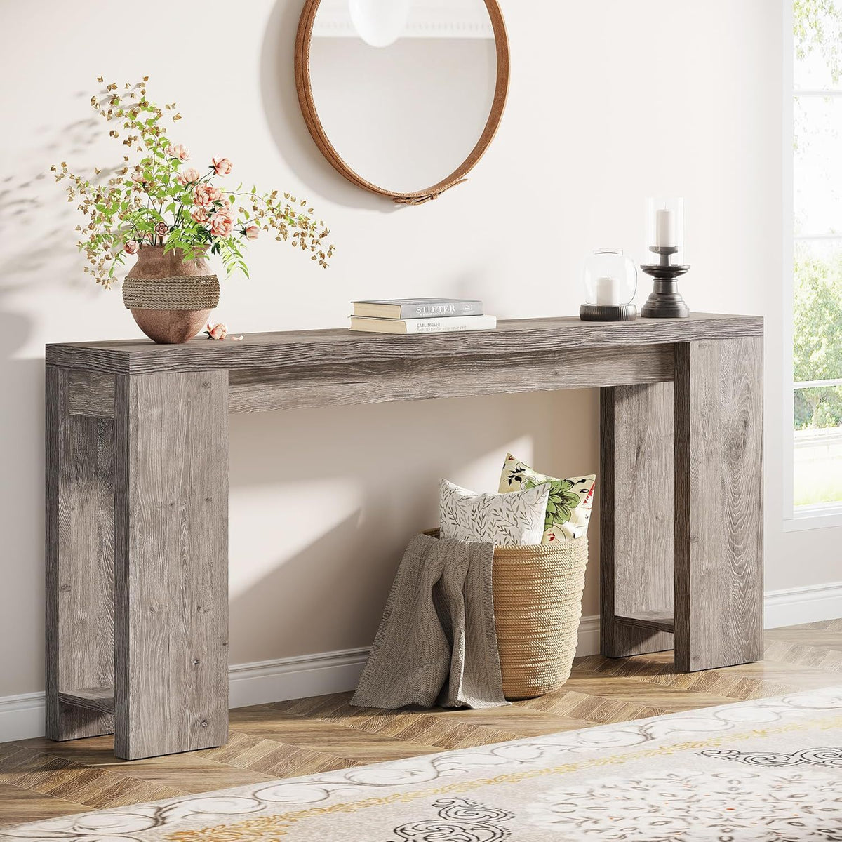 Extra Long Farmhouse Console Table in gray wood finish by HouseOfZazla on Tampa Home & Garden Store