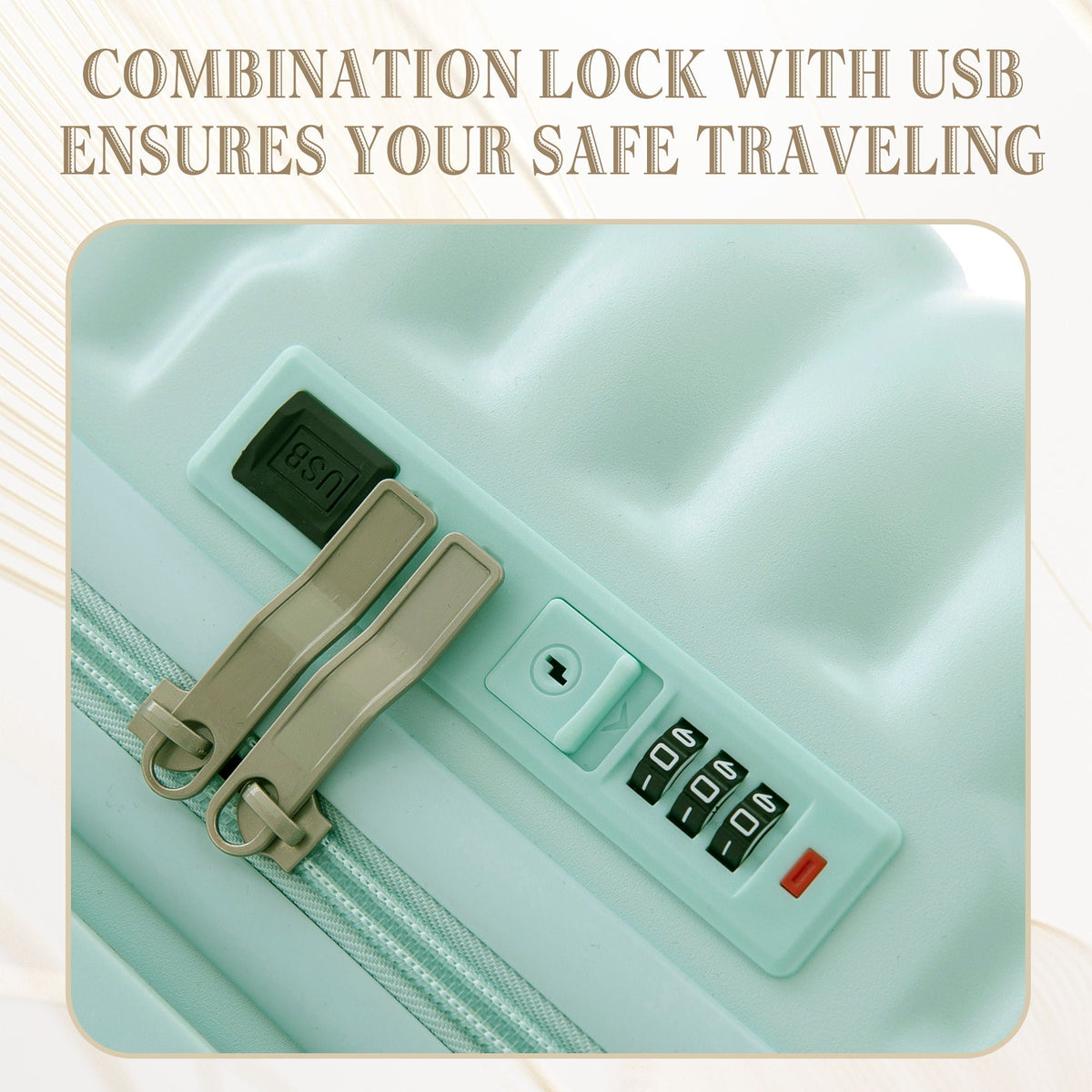 Mint green luggage interior with built-in USB port and combination lock on Tampa Home & Garden Store