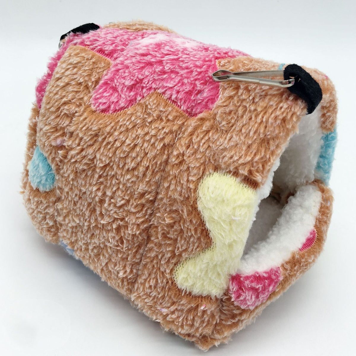 Hamster warm sleeping bag nest plush with pink brown patchwork and metal clip on Tampa Home & Garden Store