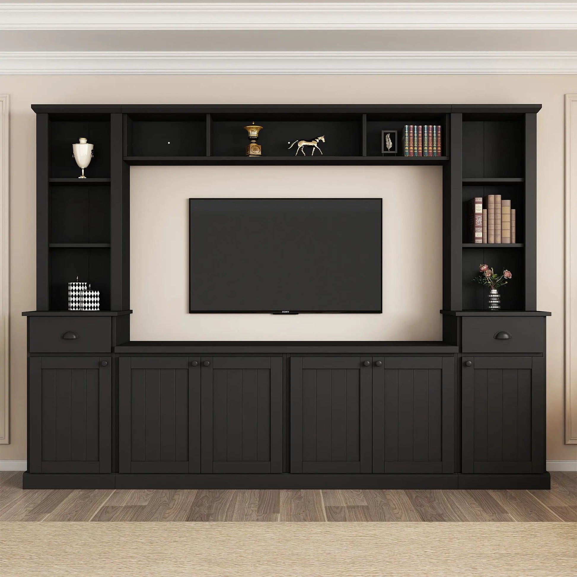 Minimalist black entertainment wall unit with bridge for TVs up to 75 in, open shelves on Tampa Home & Garden Store