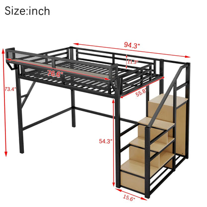Loft bed with stairs, storage shelves and wardrobe in black metal frame on Tampa Home & Garden Store