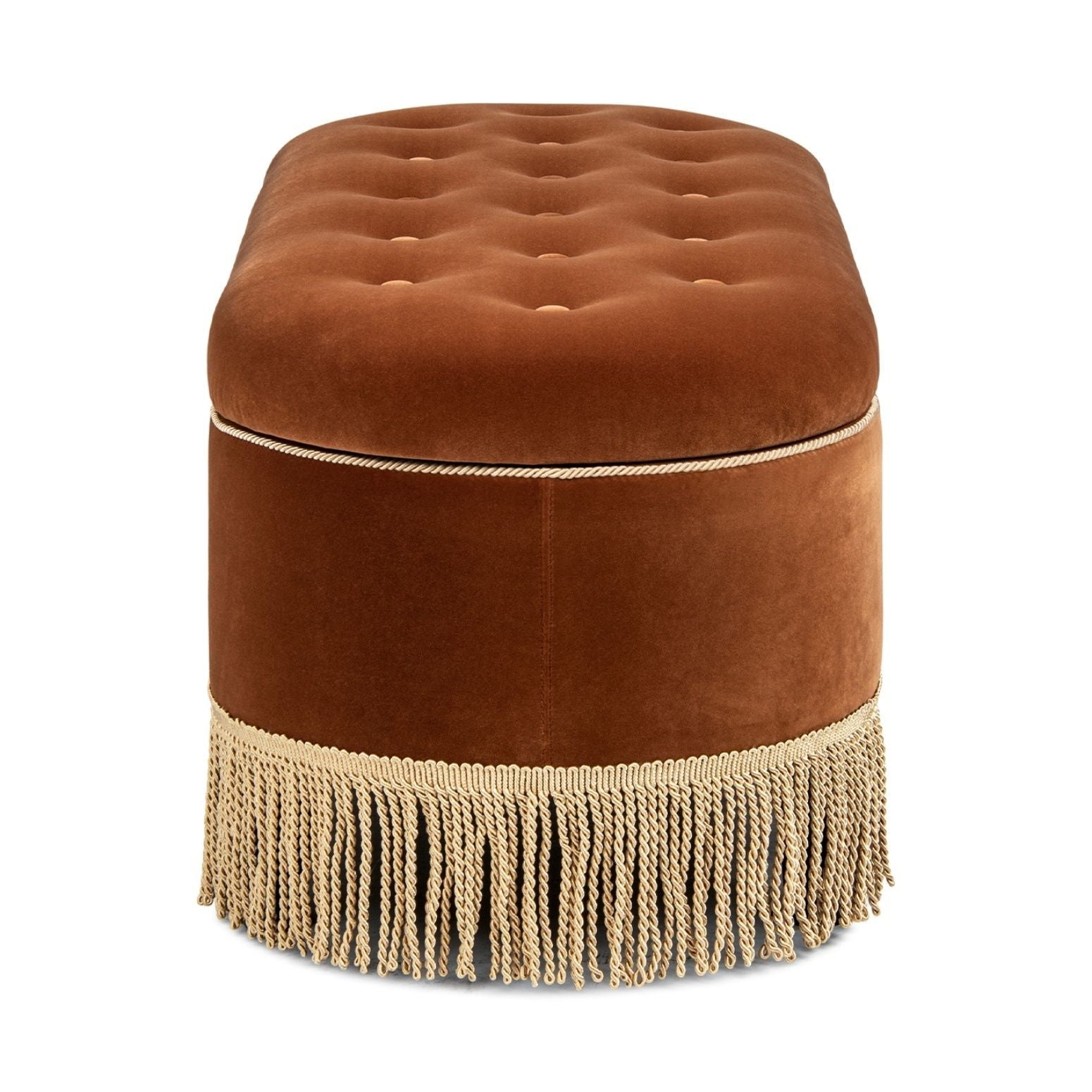 Melinda oval tufted bullion fringe storage bench brown velvet with rope trim and tassels on Tampa Home & Garden Store